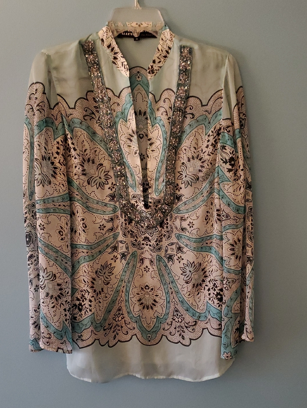 Allen B by Allen Schautz Beaded Paisley Print Tunic Top - Light Blue